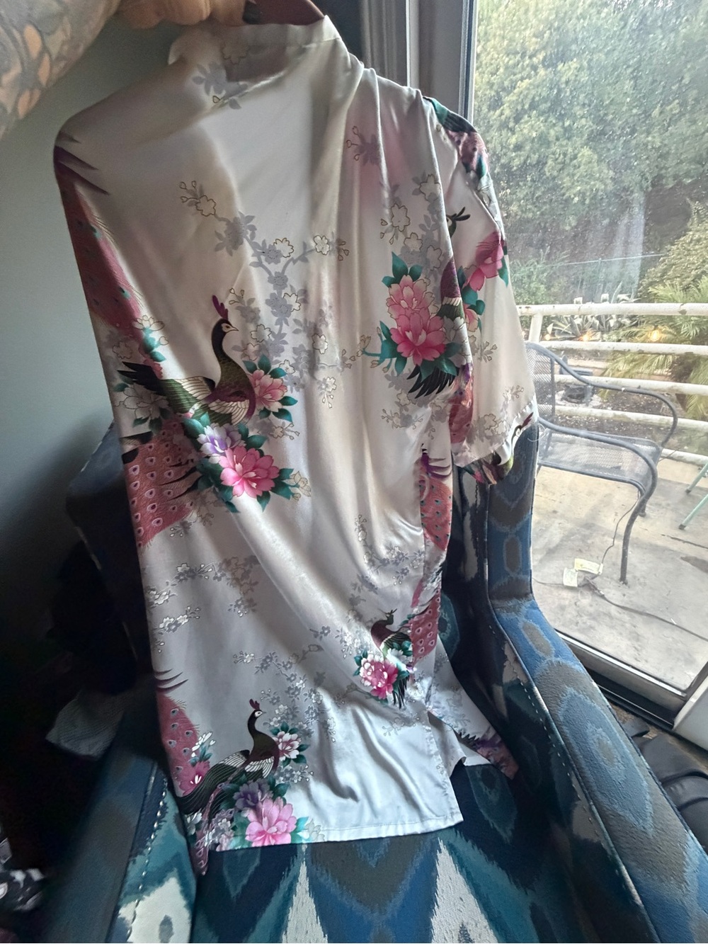 Silky Floral Peacock Kimono Robe - Cream with Pink & Teal - Picture 2 of 5